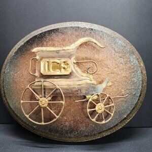 Vintage Metal Sculpture Ice Truck Mounted on Wood Plaque 9'' Wall Hanging
